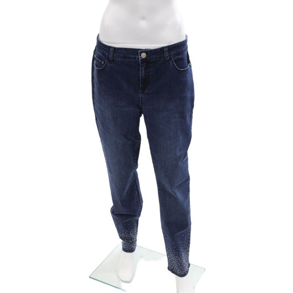 Renuar Womens Cotton Blend Crystal Detail Mid-Rise Tapered Jeans Blue Size 12
